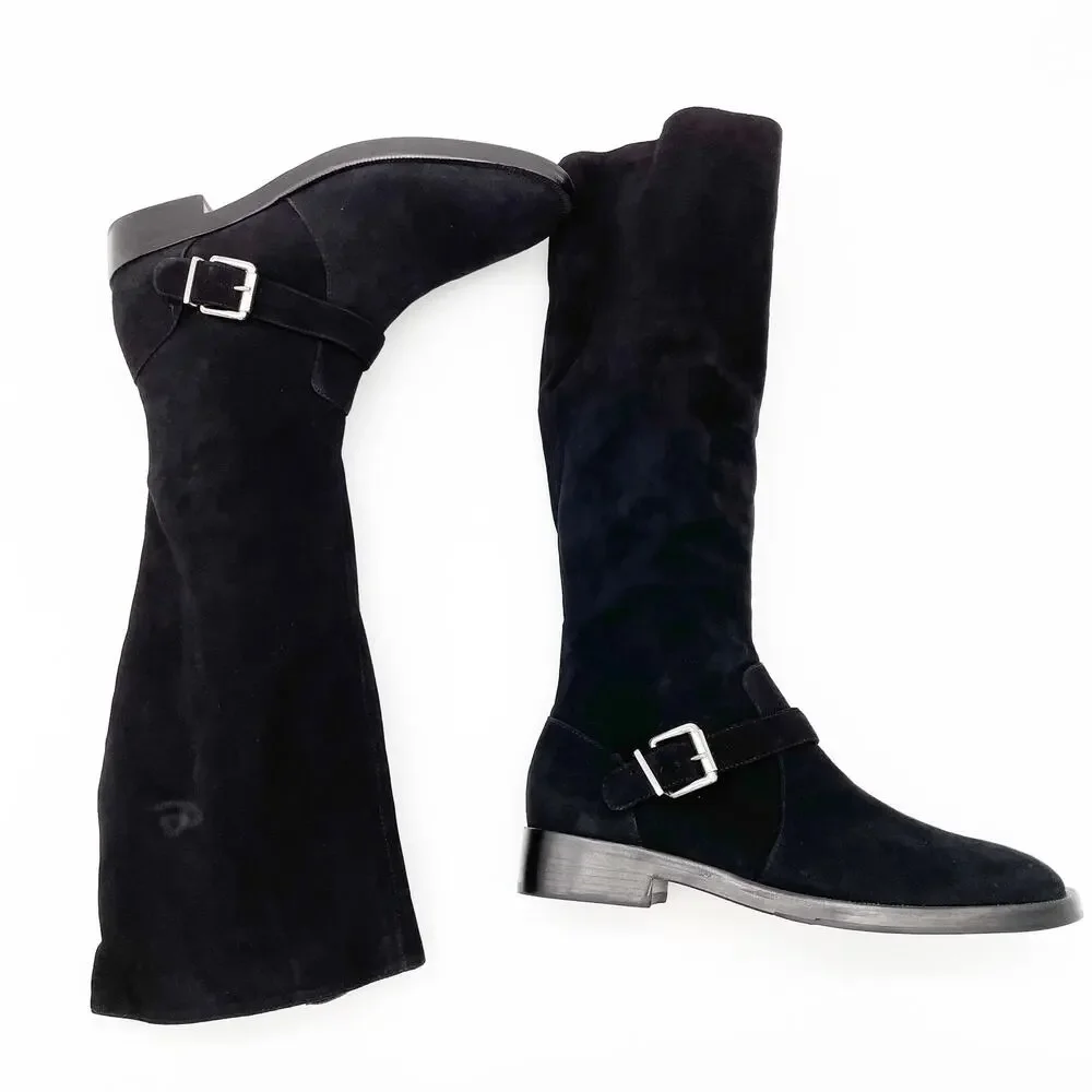NEW Schutz Luidi Womens 7 Buckled Suede Leather Knee Boot Black Side Zip